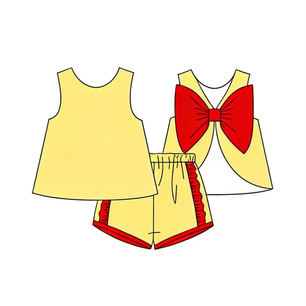 New Girls Princess Outfits Solid Color Sleeveless Summer Back Bow Top Ruffle Shorts Children Boutique Kids Clothes