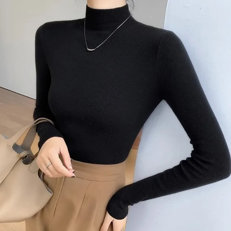 

2025 Autumn Winter Women Sweater Vintage Basic Solid Knitted Tops Casual Slim Pullover Korean Sweaters Simple Chic Jumpers
