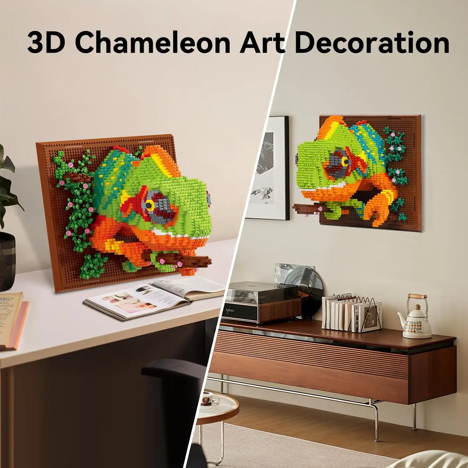 성인을위한 3D 벽 예술 카멜레온 빌딩 블록 세트, 마이크로 미니 벽돌 동물 빌딩 세트 독특한 홈 테이블 디스플레이 벽 장식