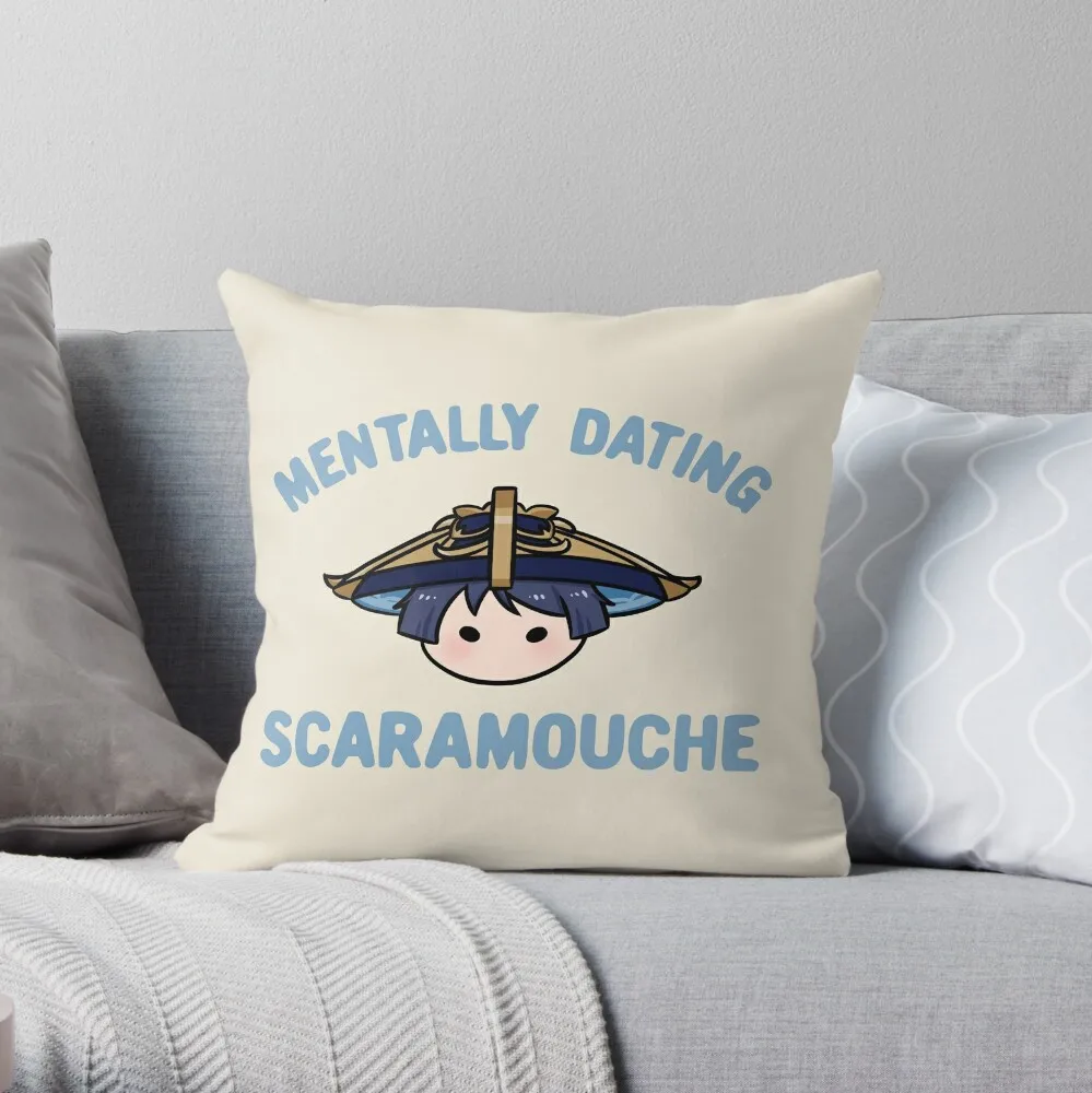 

Mentally dating Genshin Impact Scaramouche wanderer chibi head text | Morcaworks Throw Pillow Pillowcase