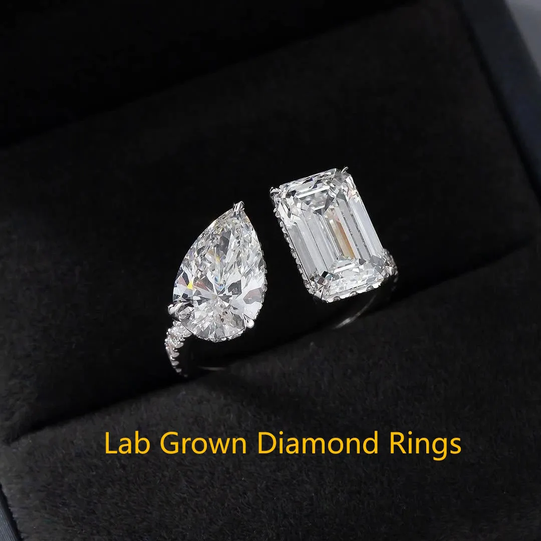

Emerald & Pear Cut 2CT Each Main Stone IGI Lab Grown Diamond DEF VS-VVS 14Kt White Gold Jewelry Ring Fashion Style Ring For Lady