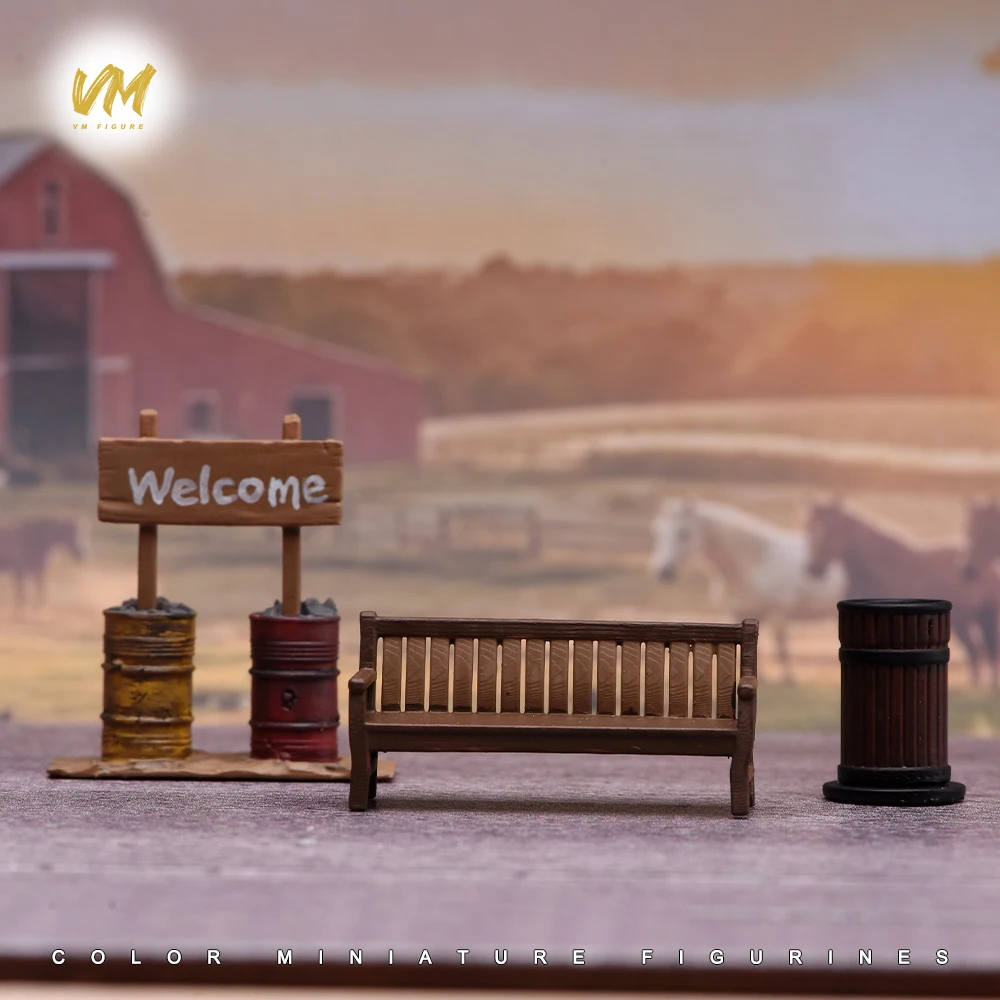 Painted Miniature 1/64 Scale Creativity Sofa Park Bench Trash Can Oil Drum Road Sign Street Scene Props 3D Model Display