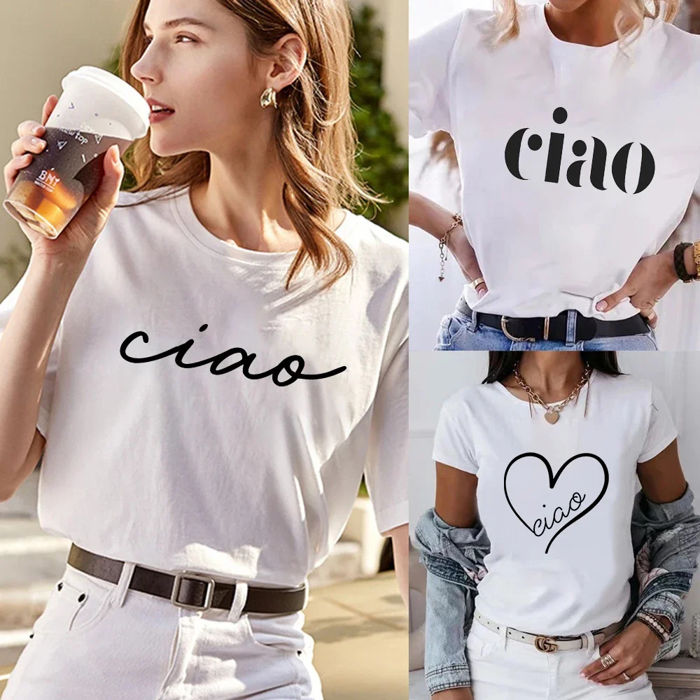 Women's Italian Hello Ciao Letters Print T-shirts Ladies Travel Pullover Tees Luxury Designer Harajuku Y2k Tops Streetwear