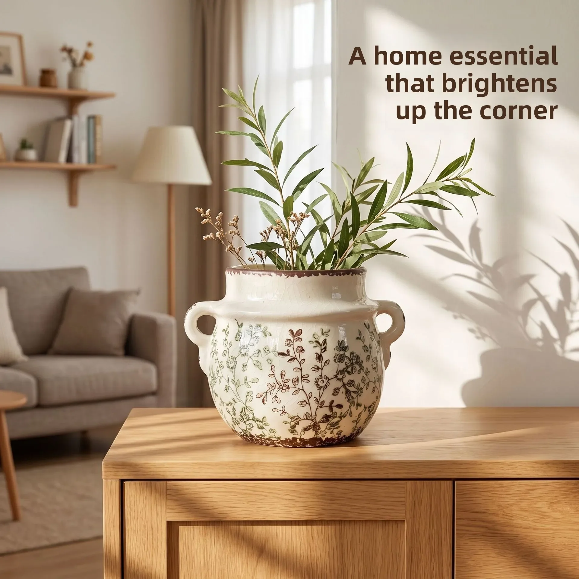 Vase Ceramic Utensil Holder Vase Vintage Floral Double Handle Kitchen Storage Jar Dried Flower Elegant Tabletop Home Decor Gift