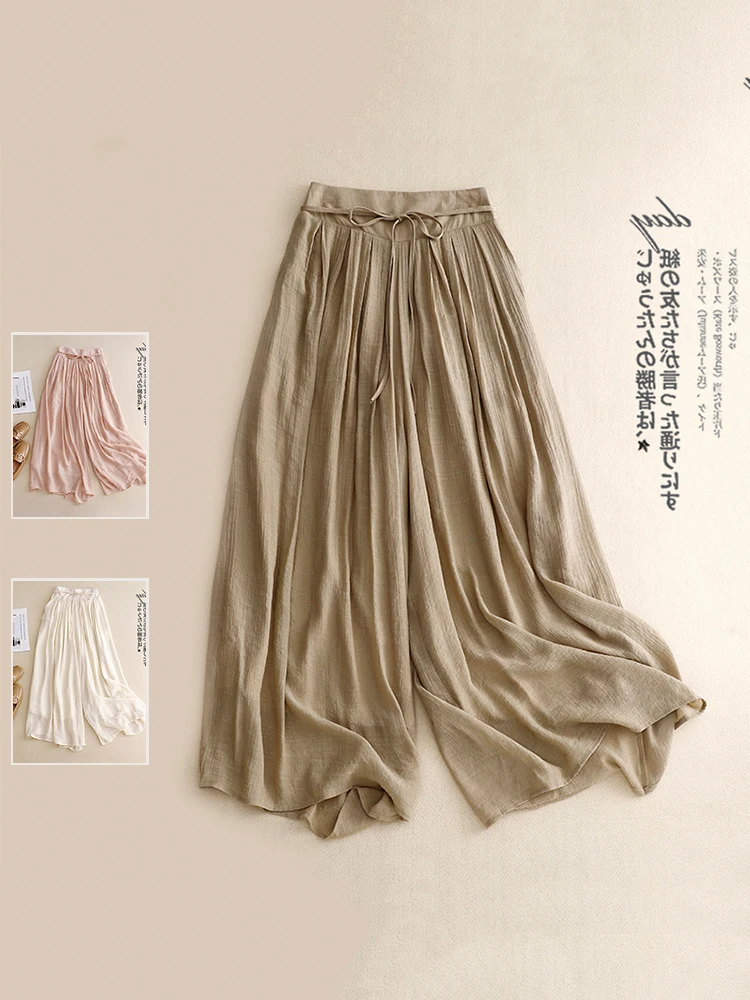 

Summer High Waist Wide Leg Pants Double Layer Bamboo Cotton Belted Draped Pleated Slimming Casual Trousers for plus Size Women