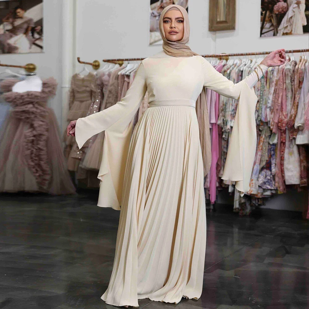 

Retro Muslim Evening Dress Ivory Jersey Ruched Ruffles Formal Evening A-line High Collar Long Dresses 2024