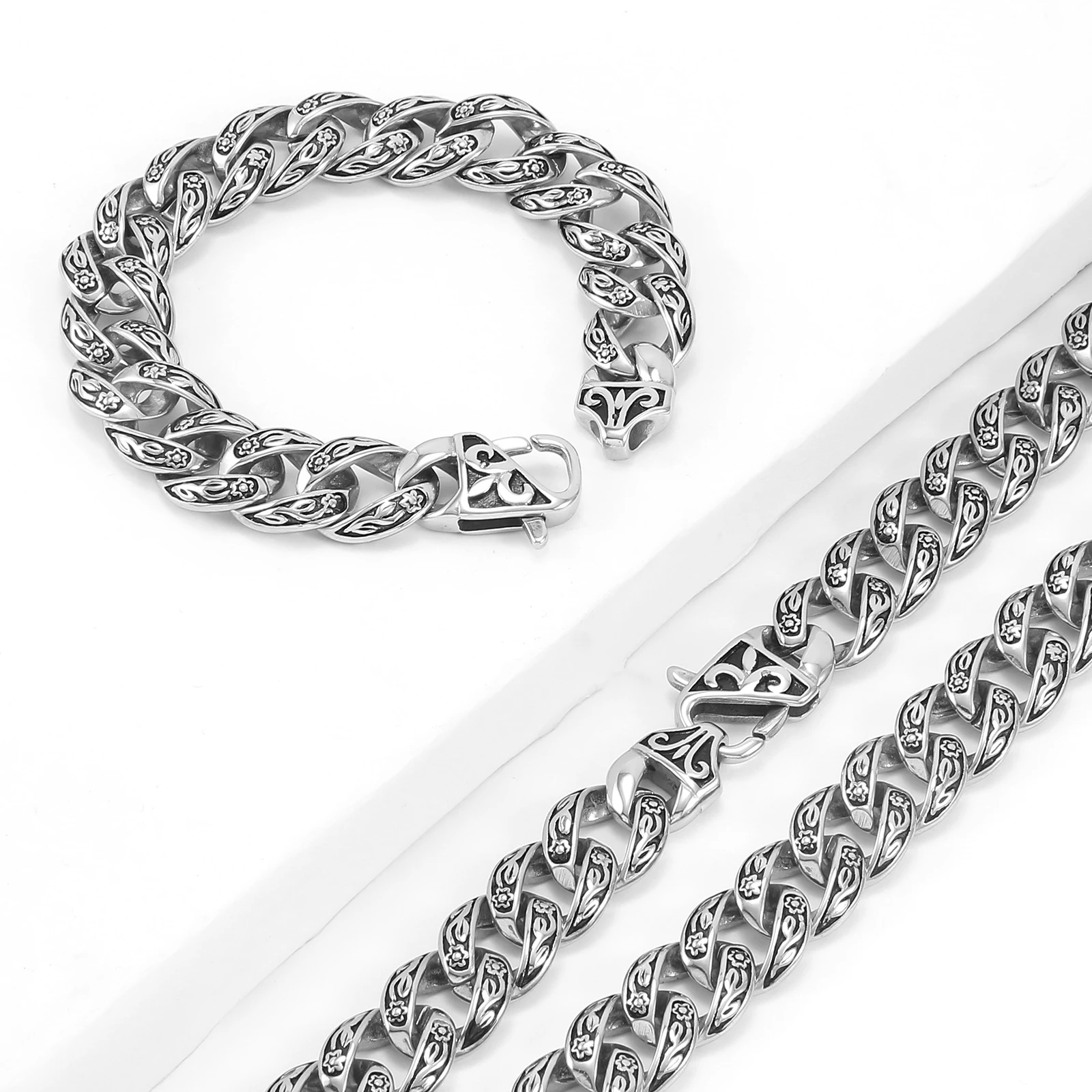 15mm Wide Vintage Cuban Link Chain Necklace Bracelet Retro Tattoo Jewelry 316L Stainless Steel Fashion Accessories