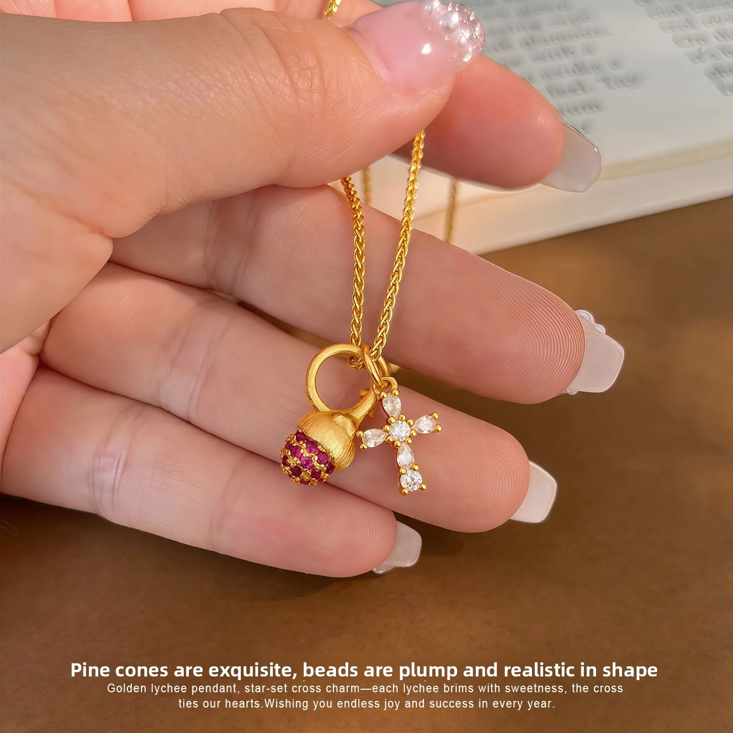 Chinese Style Lucky Blessing 18k Gold Plated Chopin Chain Necklace Inlaid Shiny Zircon Pink Pine Cone Cross Pendant Dainty Women