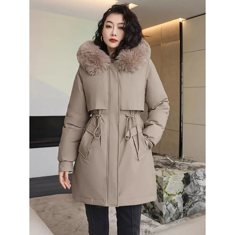 

2023 New Korean Parkas Winter Fur Liner Long Women Jacket Thicken Warm Cotton Parke Female Add Velvet Coats Overcoat Snow Wear