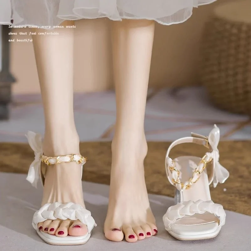 2024 Summer New Fashion High Heel Sandals Female Elegant Wedding Shoes Open Toed Bow Buckle Sandals Female Zapatos De Mujer