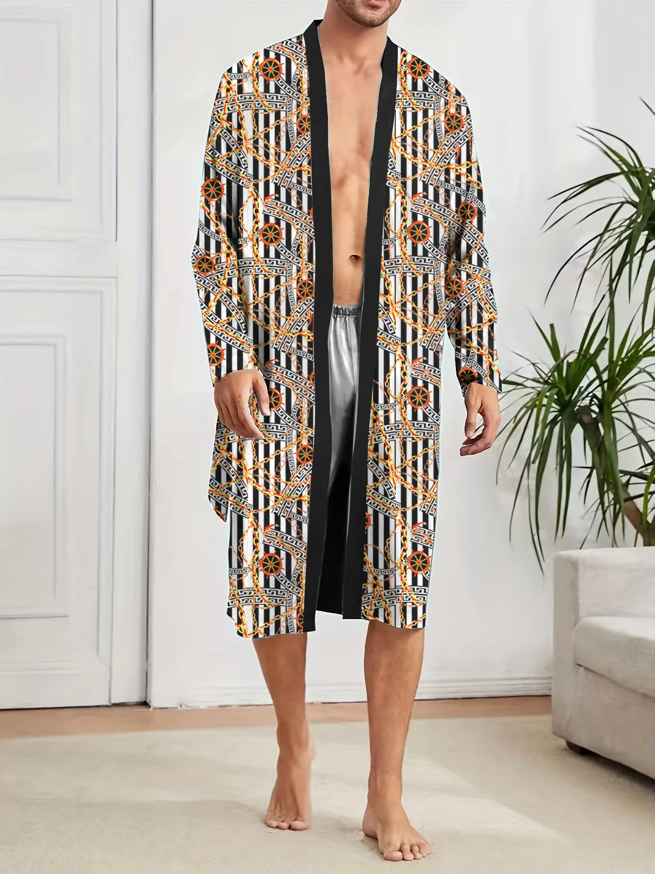 

Тенденция мужской длинной ночной рубашки, весенне-осенний домашний спальный халат для отдыха, быстросохнущий с цифровым принтом