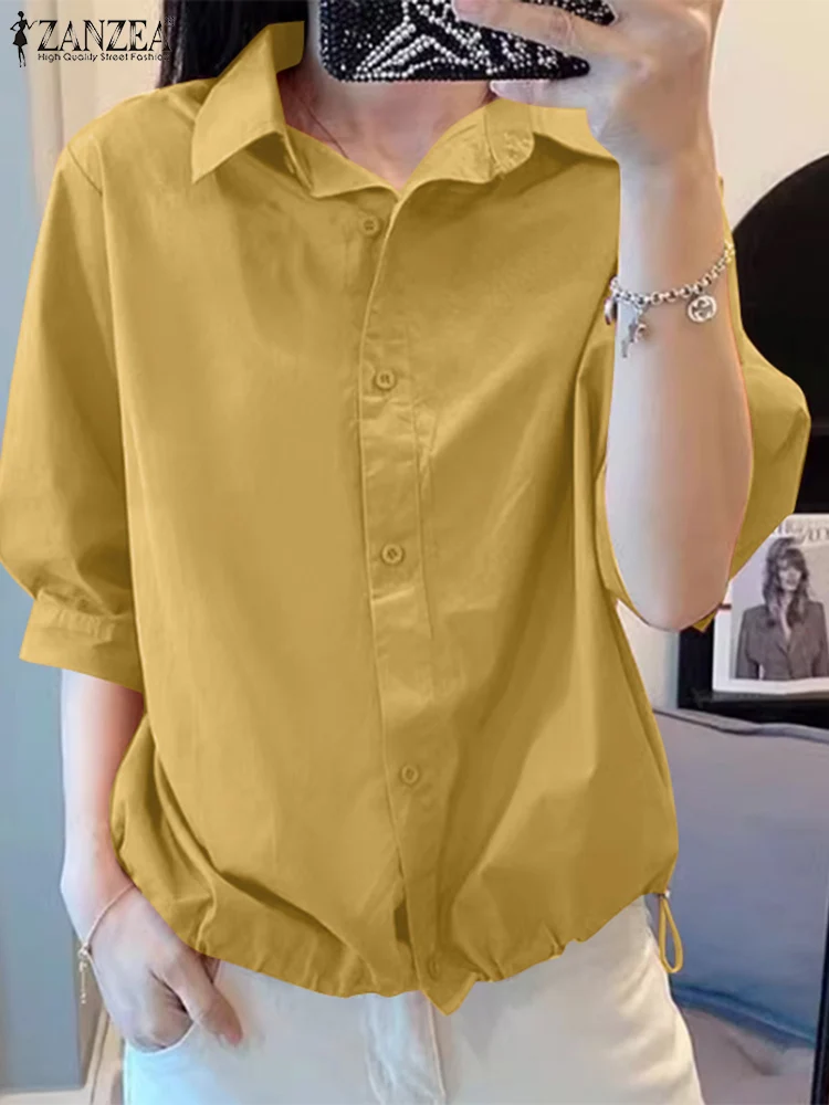 ZANZEA 2024 Fashion Short Sleeve Shirts Women Korean Streetwear Drawstring Hem Chemise Tops Summer Casual Loose Solid Blouses