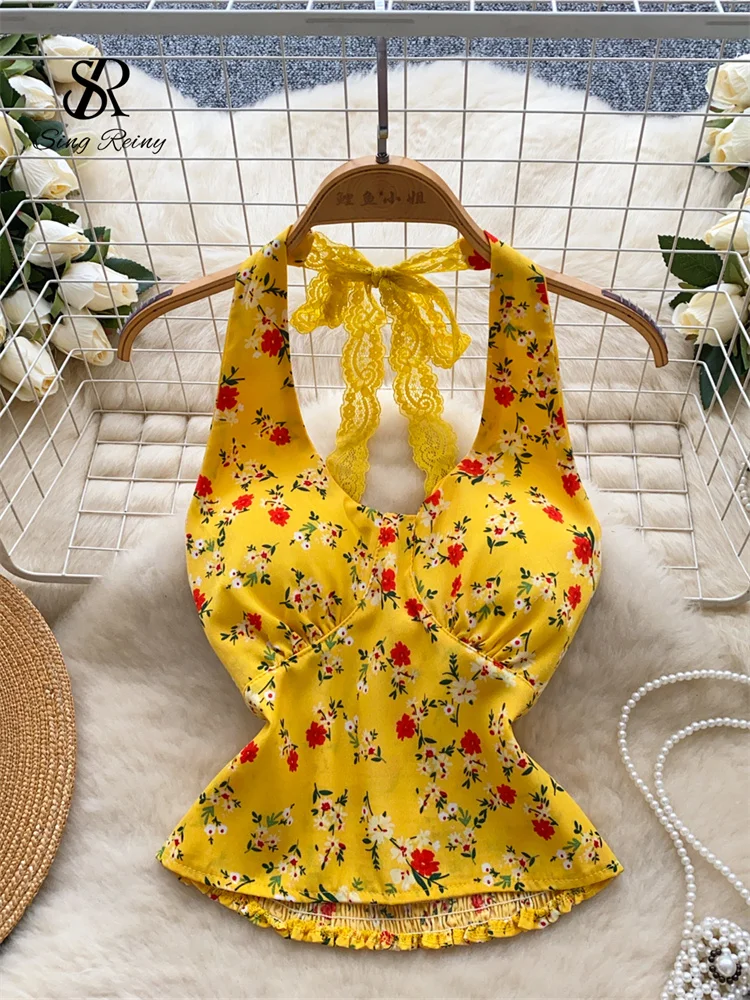 

SINGREINY Summer Print Beachwear Tops Lace Bandage Halter V Neck Backless Camis Women Fashion Hotsweet Vacation Slim Y2k Tank