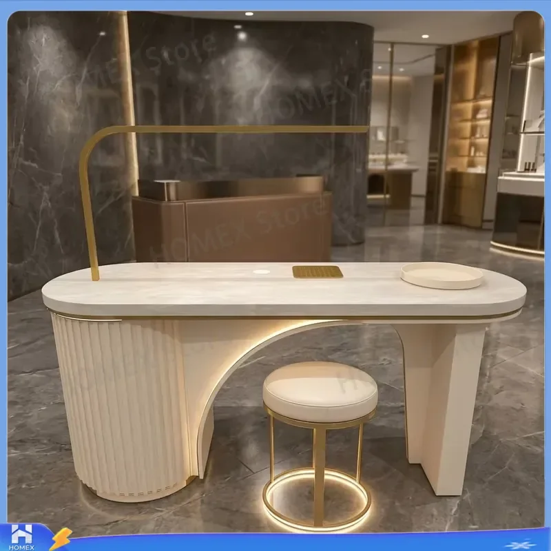 Custom Modern Luxury Beauty Salon Workbench Marble Counter Wooden Manicure Table Set with Vacuum Cleaner Professional Nail