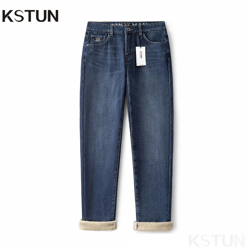 

KSTUN 2024 Men Warm Jeans Thicken Fleece-Lined Stretch Male Denim Pants Slim Straight Business Casual Trousers Autumn Winter