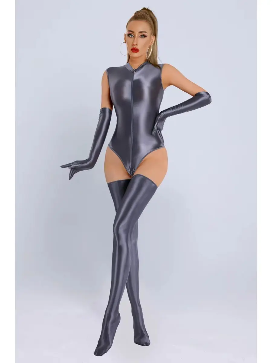 New Glossy Shiny Sleeveless Nylon Catsuit Two Way Zipper Crotch Bodysuit Elastic Tank Body Top Tights Teddies Sukumizu Swimsuit image 5