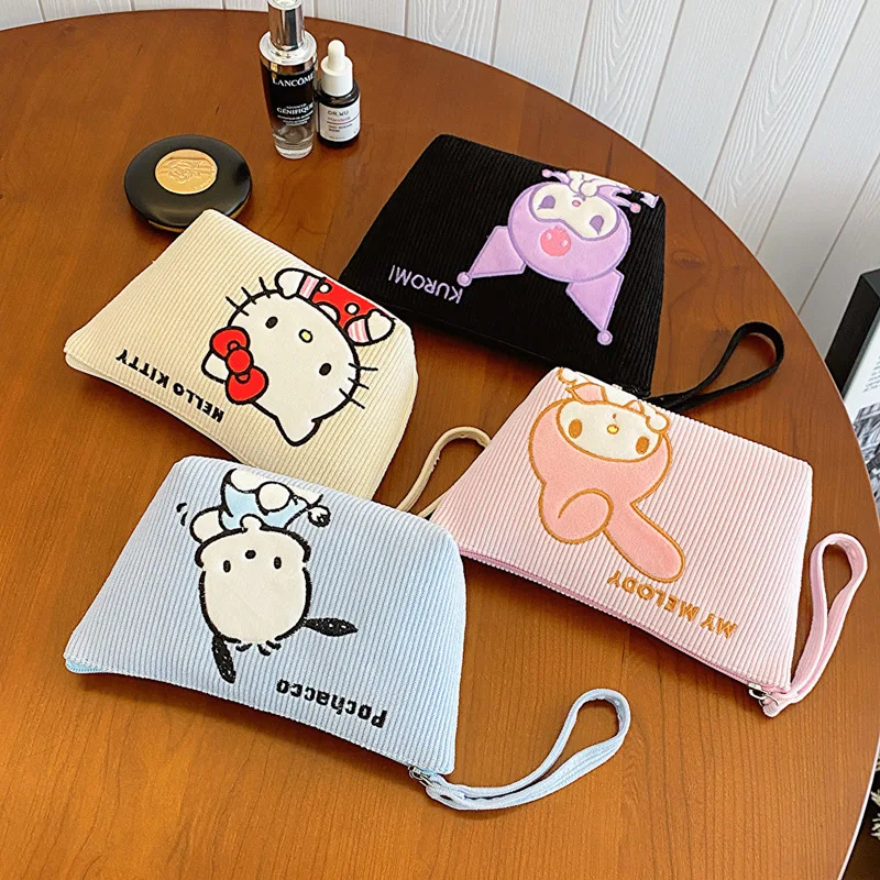 Sanrio Hello Kitty Corduroy Maquiagem Bolsa dos desenhos animados, Saco de Higiene Pessoal Feminino, Viagem Armazenamento Portátil, Maquiagem Bolsa