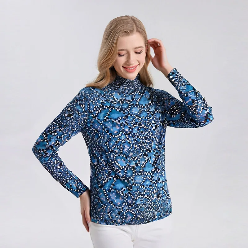 MadBlack-100%Wool Elegant T-Shirt, Turtleneck Long Sleeve Print, Women Fashion Versatile Casual Top, 2026 Autumn New T66548CC