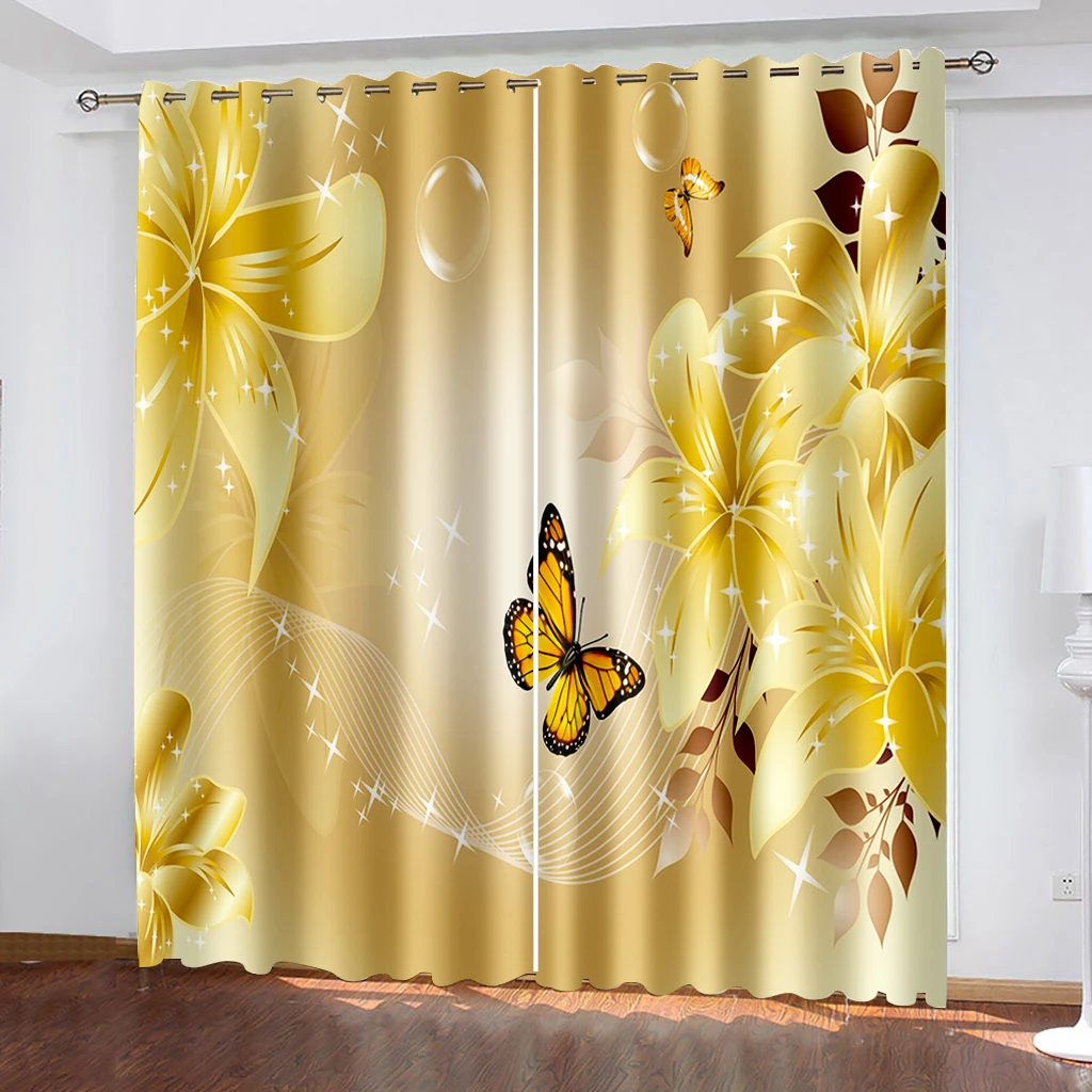 3D Curtain Printing Blockout Polyester Photo Drapes Fabric gold flower lily currtains 3D Blackout Curtains For Living room