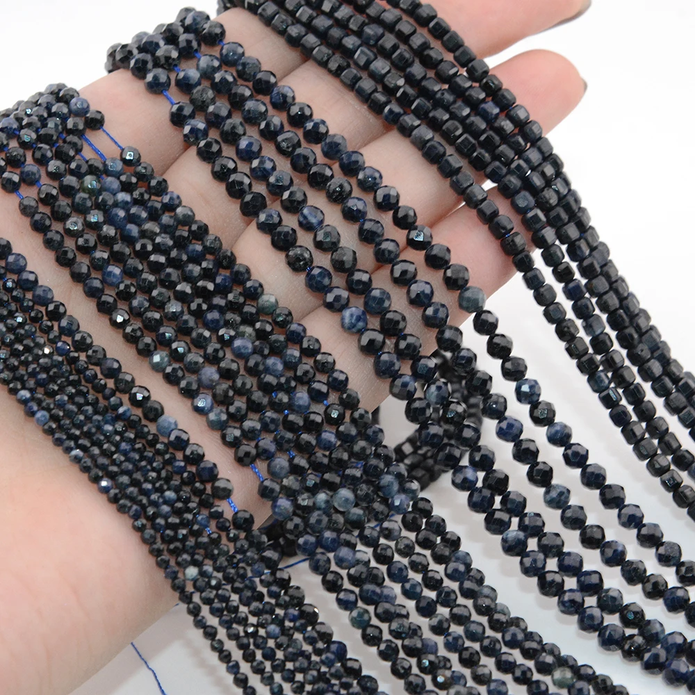 Natural Dark Sapphire Faceted Round / Cube Beads 2mm,3mm,4mm,For Jewelry Making DIY Bracelets Necklace , Length 39cm