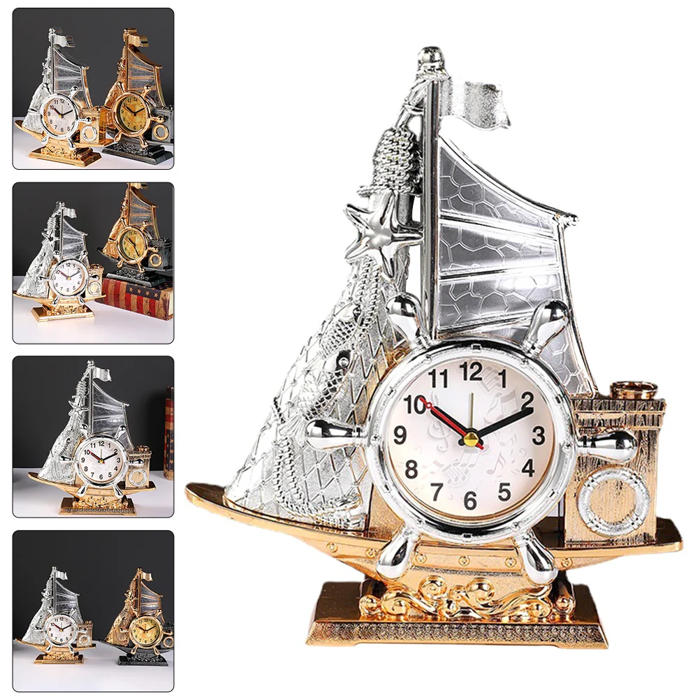 

Plastic Ship Style Table Clock Realistic Desktop Clock Decorative Ship Ornament Suitable for Home Office Shelf Decor