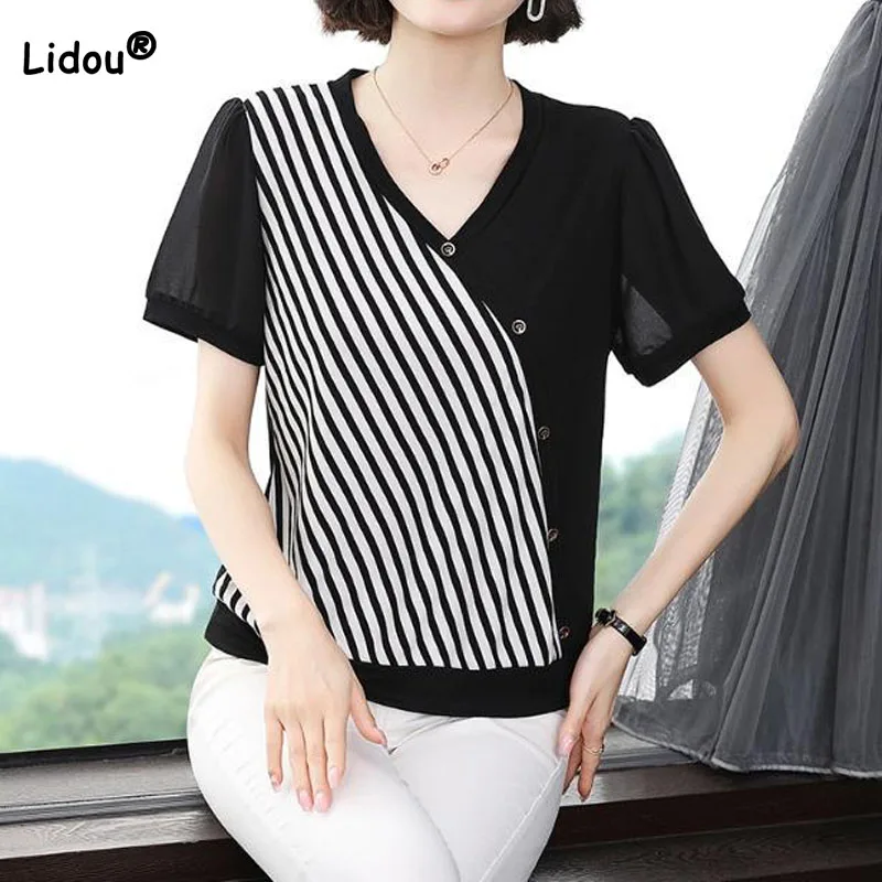 

Fashion Commute Striped Patchwork Short Sleeve Tops Female V-Neck Chic Button Spliced Casual T-shirt Summer Women's Clothing