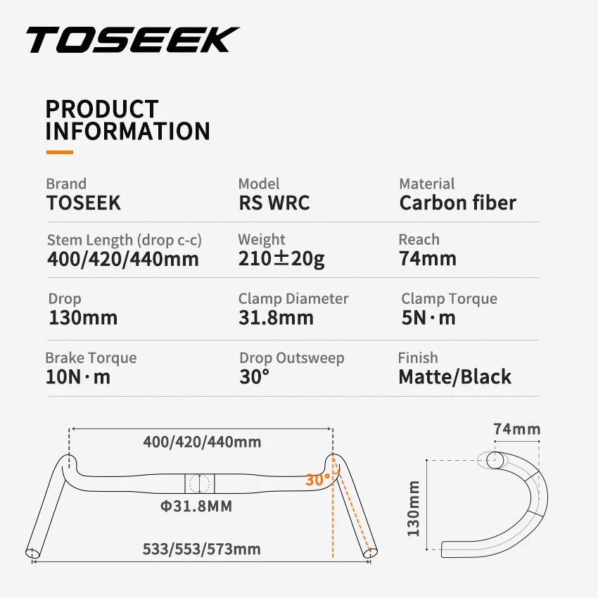 Toseek 31.8 Carbon Handlebar Gravel Carbon Fiber Gravel Handlebars