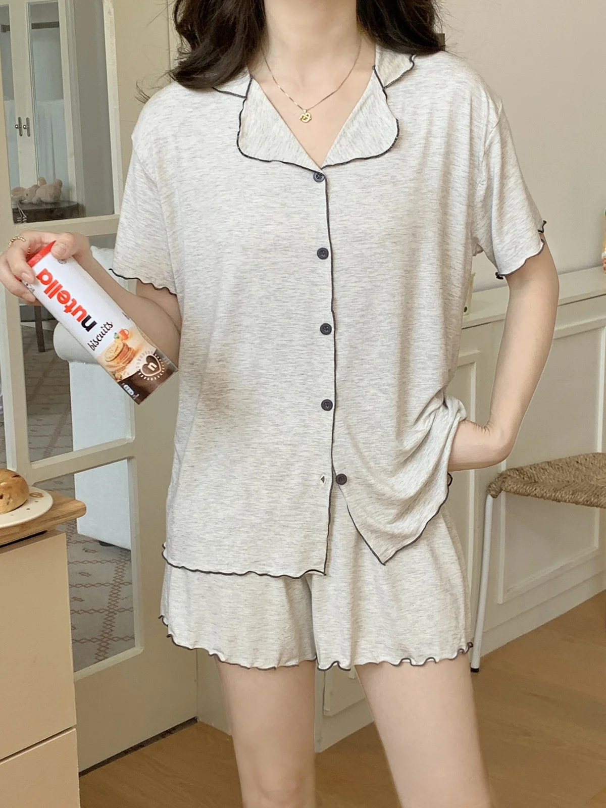

5169 Thin Pajamas Women's Summer Modal Short Sleeve 2025 New High-End Cardigan Casual Home Clothes Set