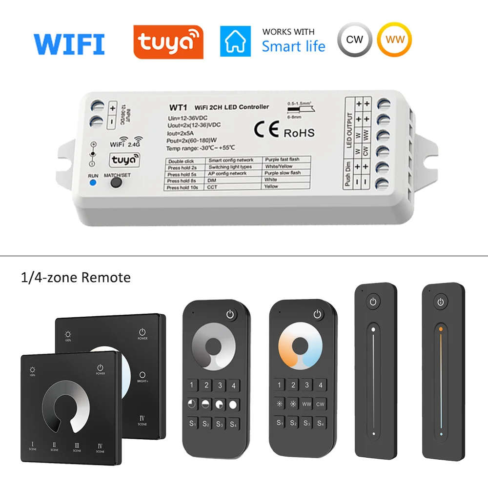 2in1 WiFi Smart LED Dimmer Controller 12V 24V COB Single color CCT Strip Light Tuya Smart Life APP Voice Control fr Alexa Google