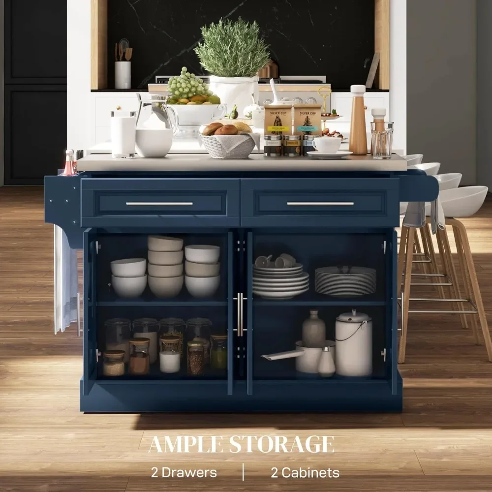 Rolling Island with Wheels for Kitchen, Portable Kitchen Island with Stainless Steel Top,Navy Blue，Kitchen Islands & Trolleys