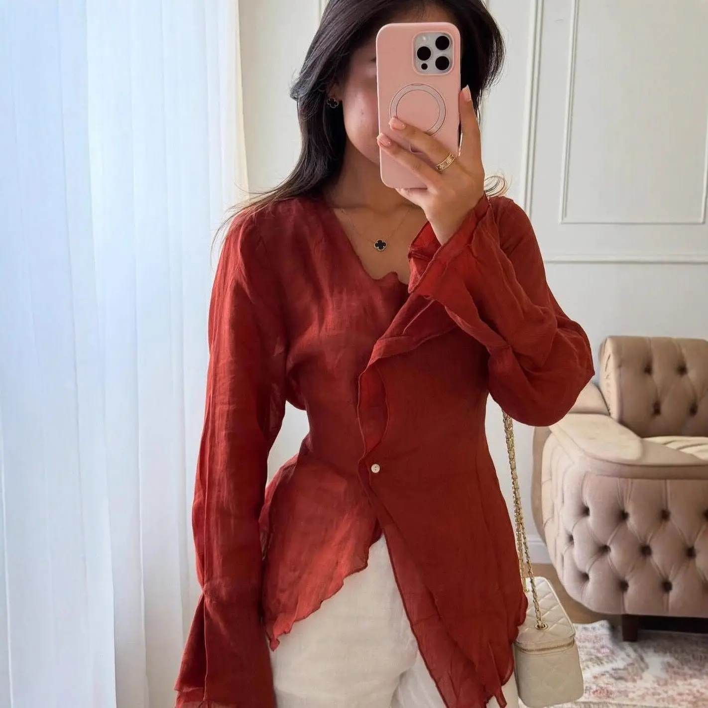 Slim-fitting Lace-up Shirt Women's Versatile Irregular Shirt Women's Retro Top