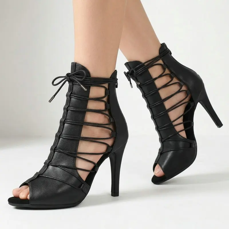 Black PU Leather Ankle Dance Boots for Women Peep Toe Lace Up Jazz Salsa Tango Shoes Rubber/Suede Sole 34-46