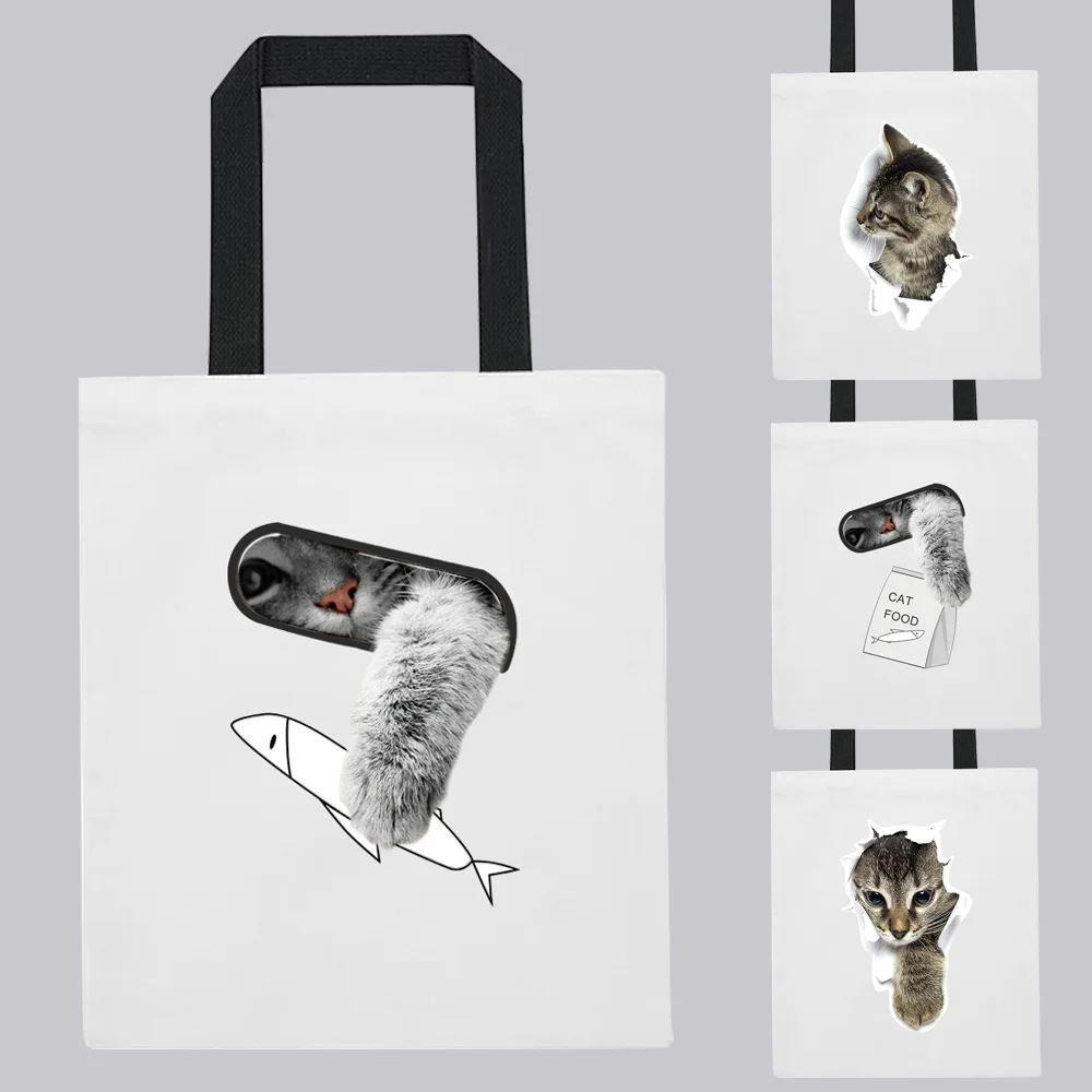 

Shopping Bag Fashion Canvas Bag Woman Cute Cat Pattern Printing Series Ladies Shoulder Bag White Reusable Student Tote Handbag