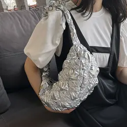 Casual Quilted Silver Shoulder Bag for Women 2023 New Trendy Handbags Designer Pleated Padded Nylon Small Underarm Purses