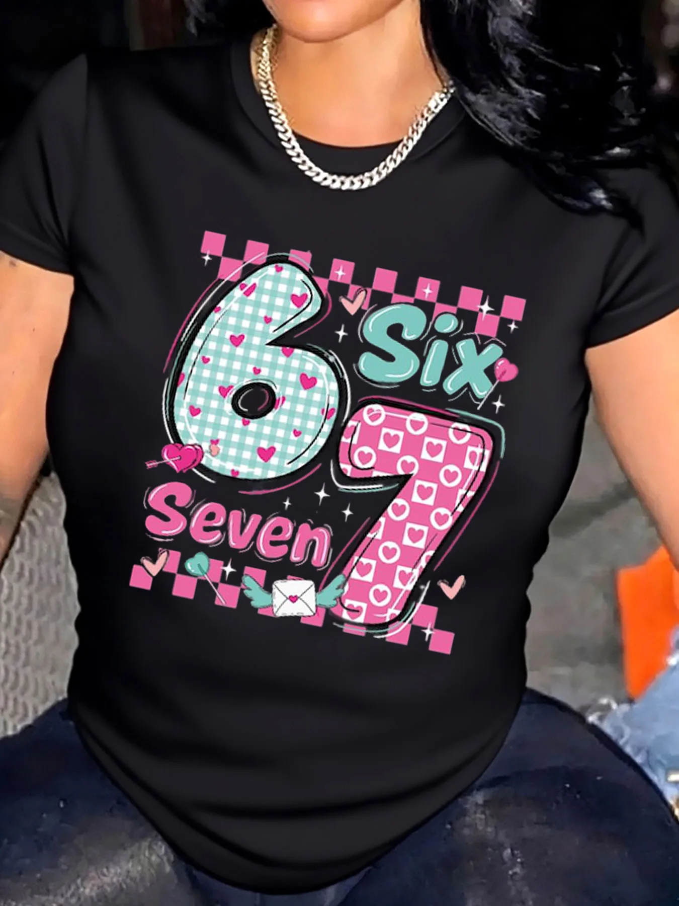 

Женская футболка больших размеров на день Святого Валентина, повседневный топ с принтом шести и семью цифр на открытом воздухе