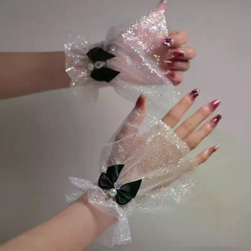 Attrezzatura fotografica per unghie Fiocco corto Polso in rete Maniche finte Polsino falso decorativo per sposa Articolo in tulle Nail art Scatta foto di sfondo