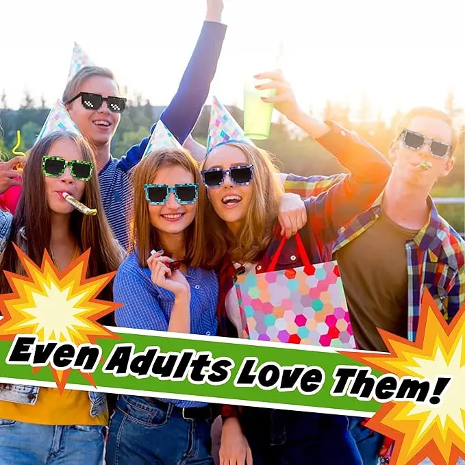 24 szt. upominków na przyjęcie w stylu pikseli: 12 par pikselowych okularów przeciwsłonecznych i 12 silikonowych bransoletek, dekoracje urodzinowe, artykuły imprezowe, prezent.