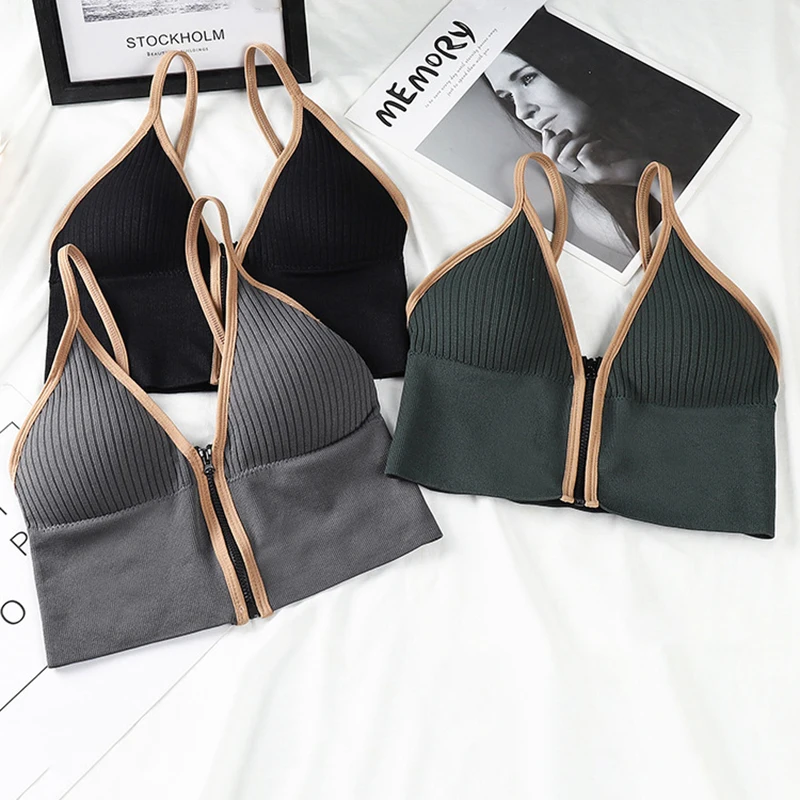 Sujetadores sin costuras para mujer, ropa interior Sexy acolchada, Bralette sin espalda en U, Top para dormir, Camis de algodón, sujetador sin aros con cremallera para Fitness, lencería