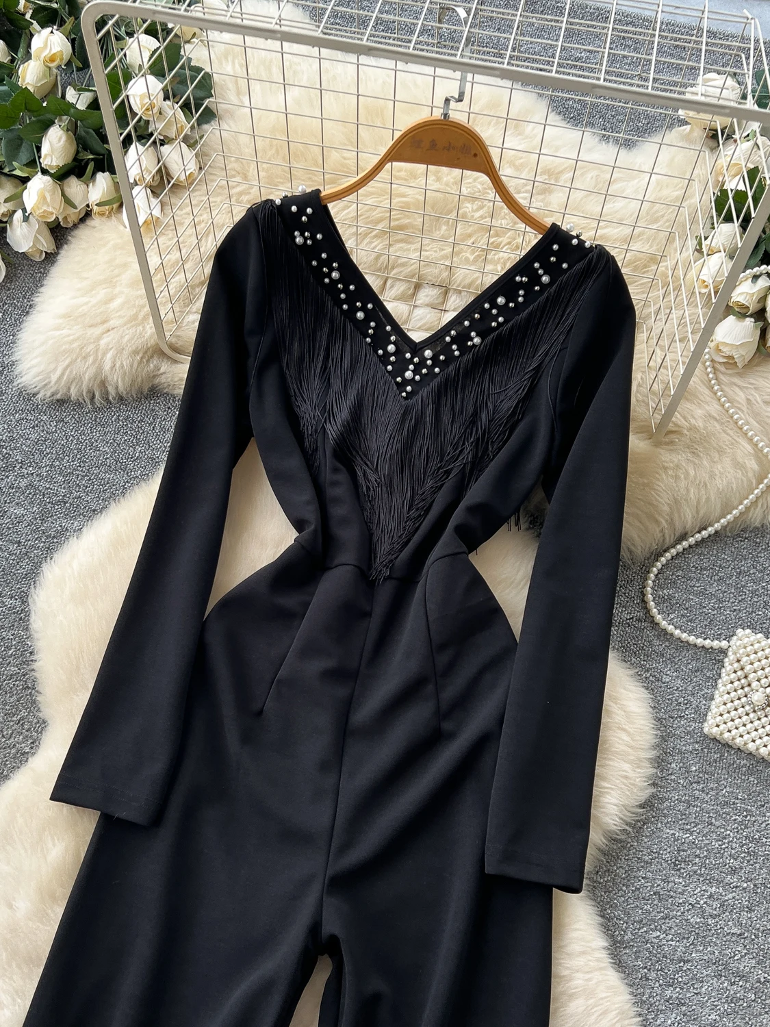 Black V-neck Beaded Fringe One-piece Pants High-waisted Slimming Commute Long Pants Unique Fashion Dress Women's Suit