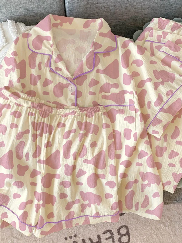 

New Sle Casual Milk Cow Pattern Pleated Spwear Women's Home Clothes Cardigan ort Sve Tee-piece Set Outdoor Wear