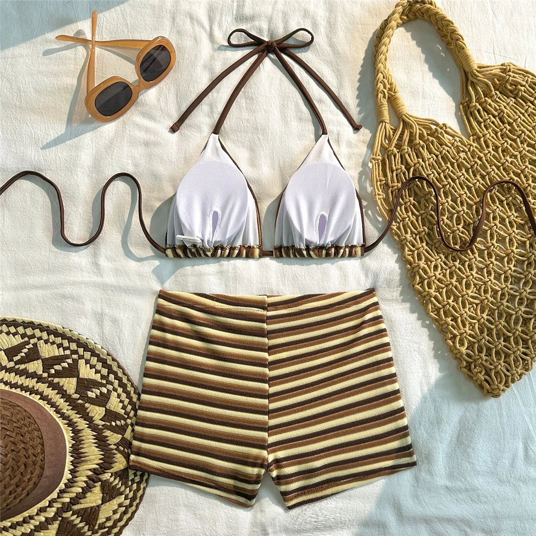 Neuer gestreifter Neckholder-Bikini mit hoher Taille, Damen-Badeanzug, zweiteiliges Bikini-Set mit Shorts, Badebekleidung, Badeanzug, Schwimmanzug V7825 – Detail 11