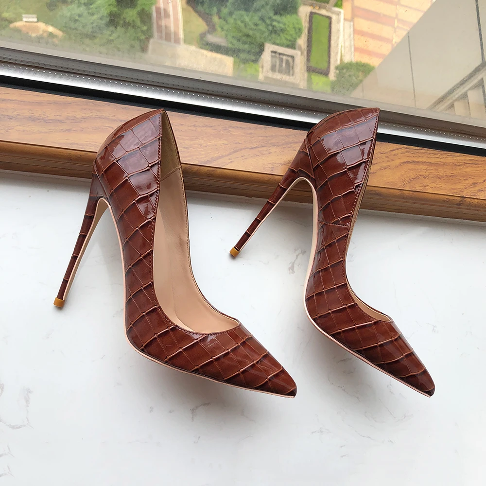 Tikicup Coffee Brown Crocodile Effect Women Pointy Toe High Heel Party Shoes Soft Comfortable Sexy Stiletto Pumps Plus Size