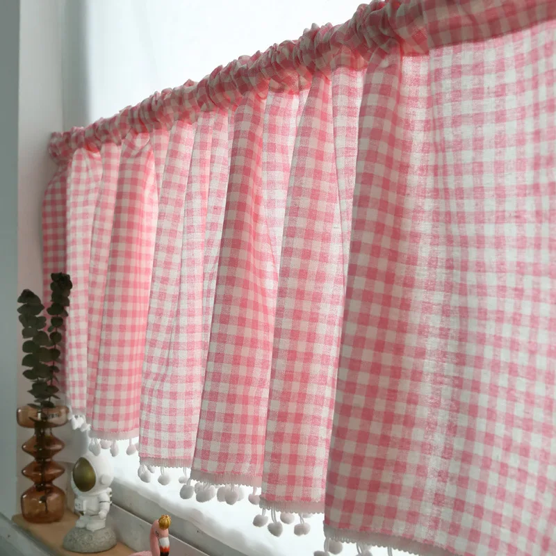 Korean Stye Pink Checkered Cotton Linen Curtains Kitchen Half Curtain, No Punching Decoration