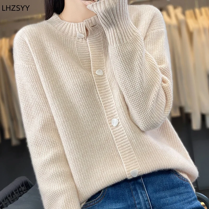 Women\'s 100% Merino Wool Knitted Cardigan Autumn/Winter Round neck Casual Coat Clothing Loose Warm Female Jacket Tops Base Shirt