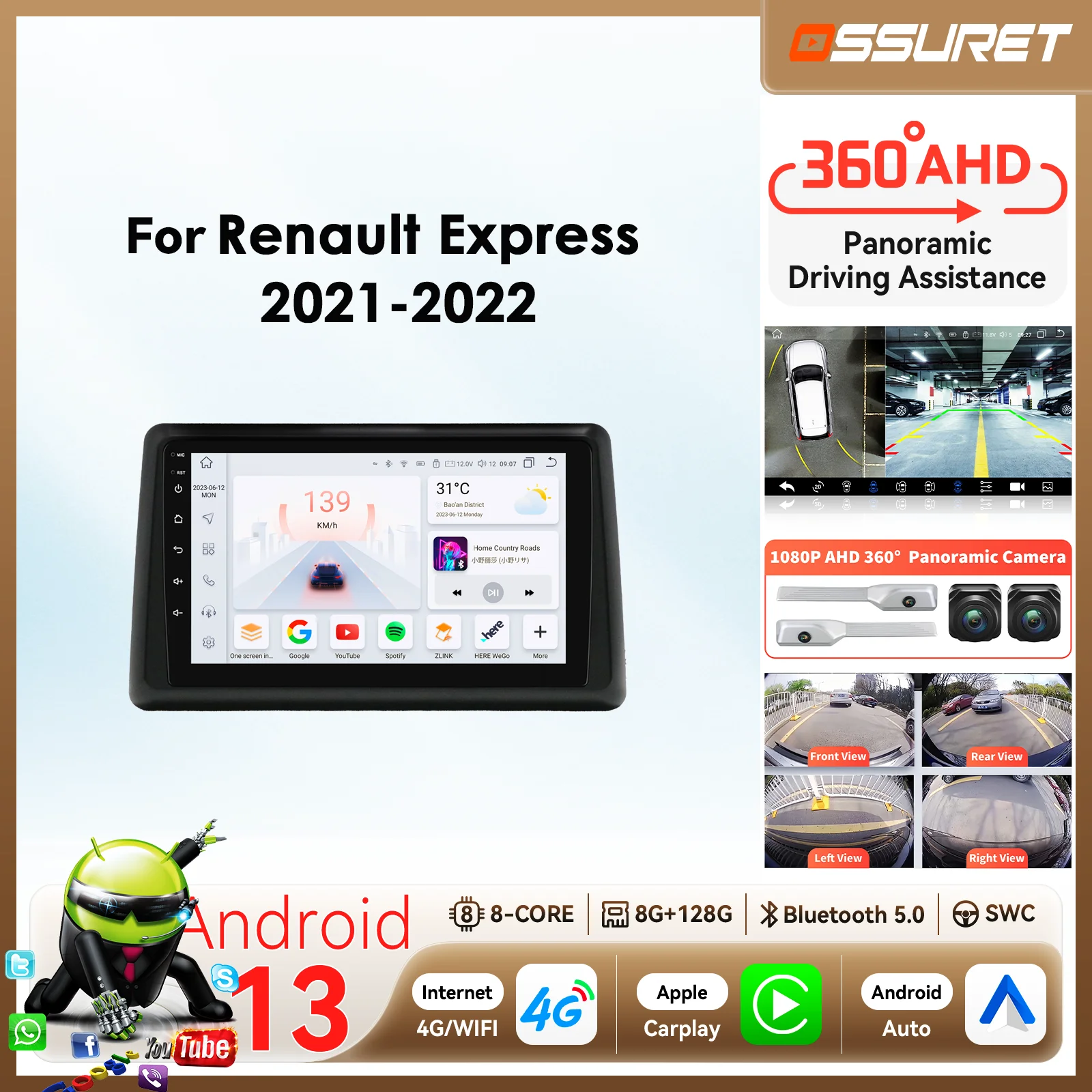 

9"7862 Android 14 Car radio For RENAULT EXPRESS 2021 2022 Carplay for Apple Android Auto multimedia 360 Cam SWC BT GPS Autoradio