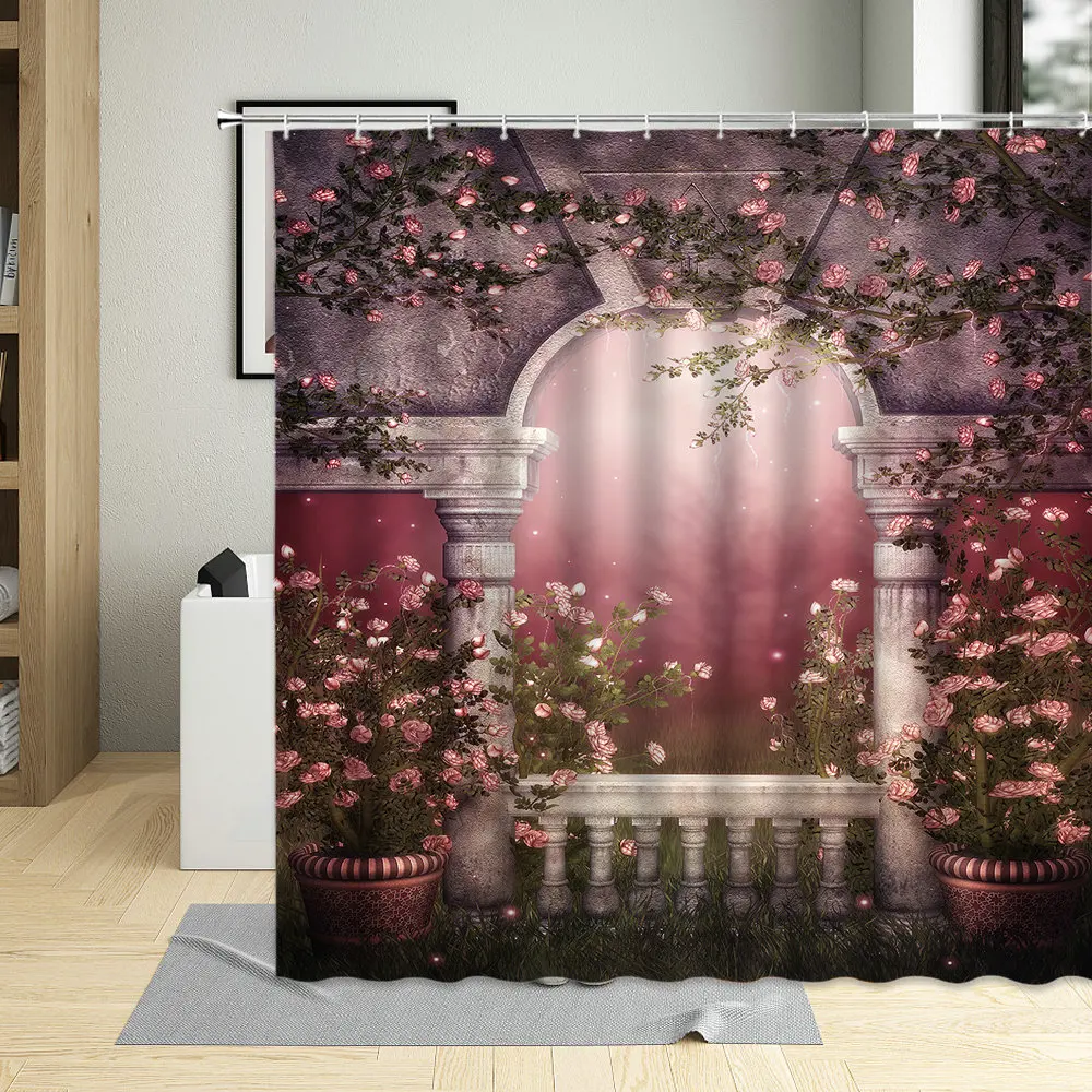 

Medieval Arch Flowers Shower Curtains Magic Forest Fantasy Garden Scenery Bathroom Decor Waterproof Fabric Bath Curtain Set Home