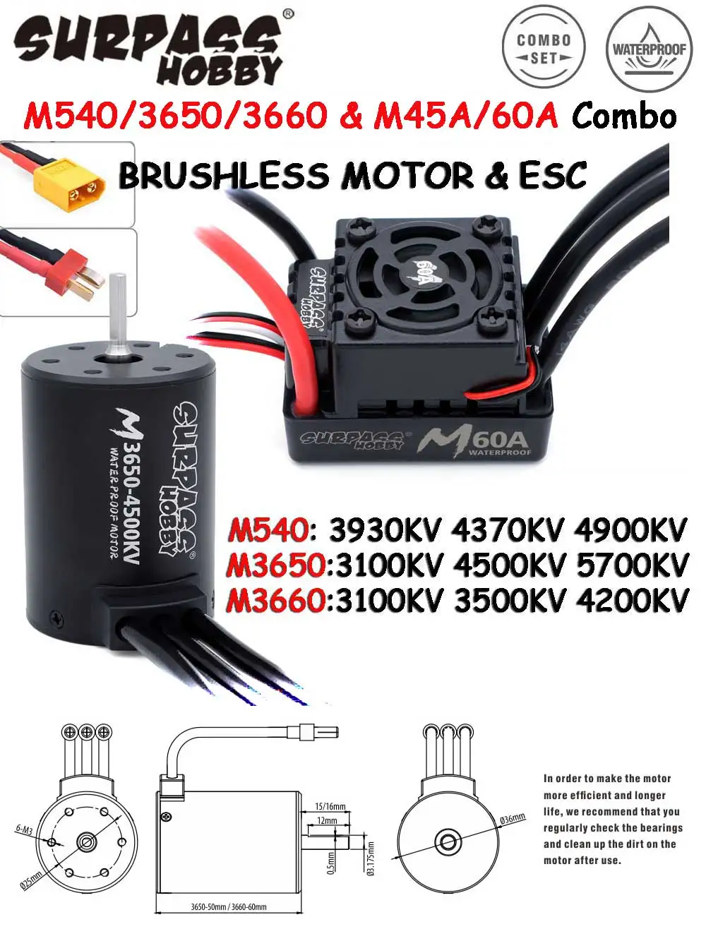 SURPASS HOBBY M540 M3650 M3660 Combo Wasserdichter Bürstenloser Motor 3500/4200KV mit M45A/60A ESC für 1/10 1/12 RC Auto Traxxas Off-Road – Detail 1