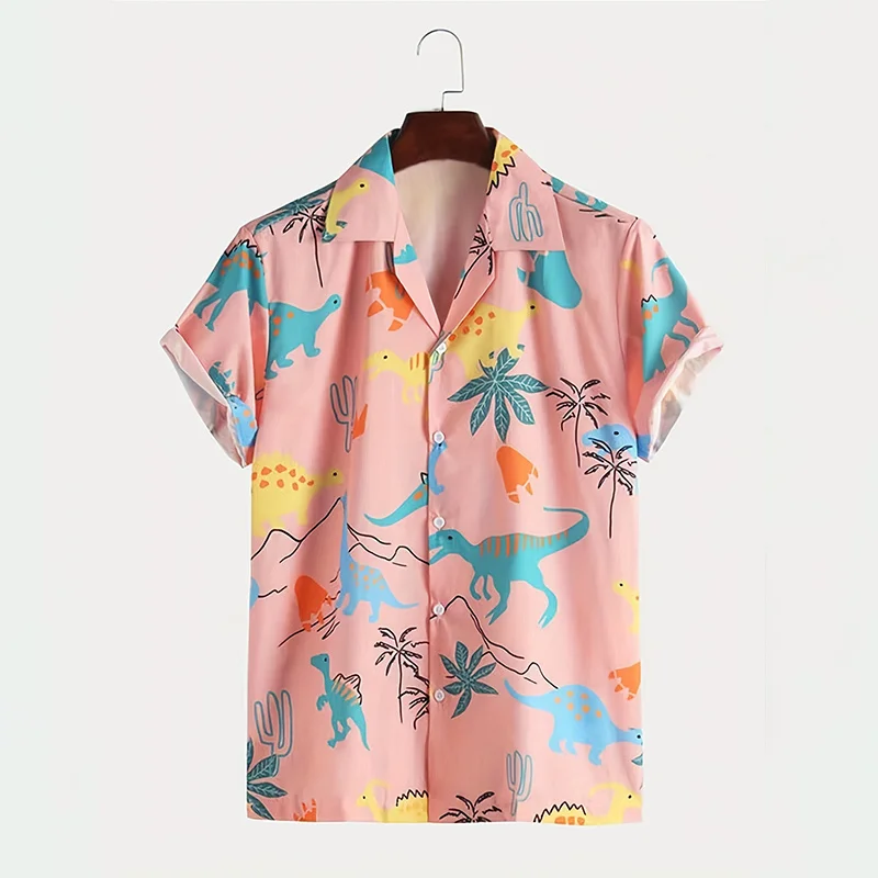 Men Lapel Short Sleeve Shirt Pink Base Colorful Dinosaur Palm Cactus Mountain Print Loose Beach Holiday Button Casual Tops