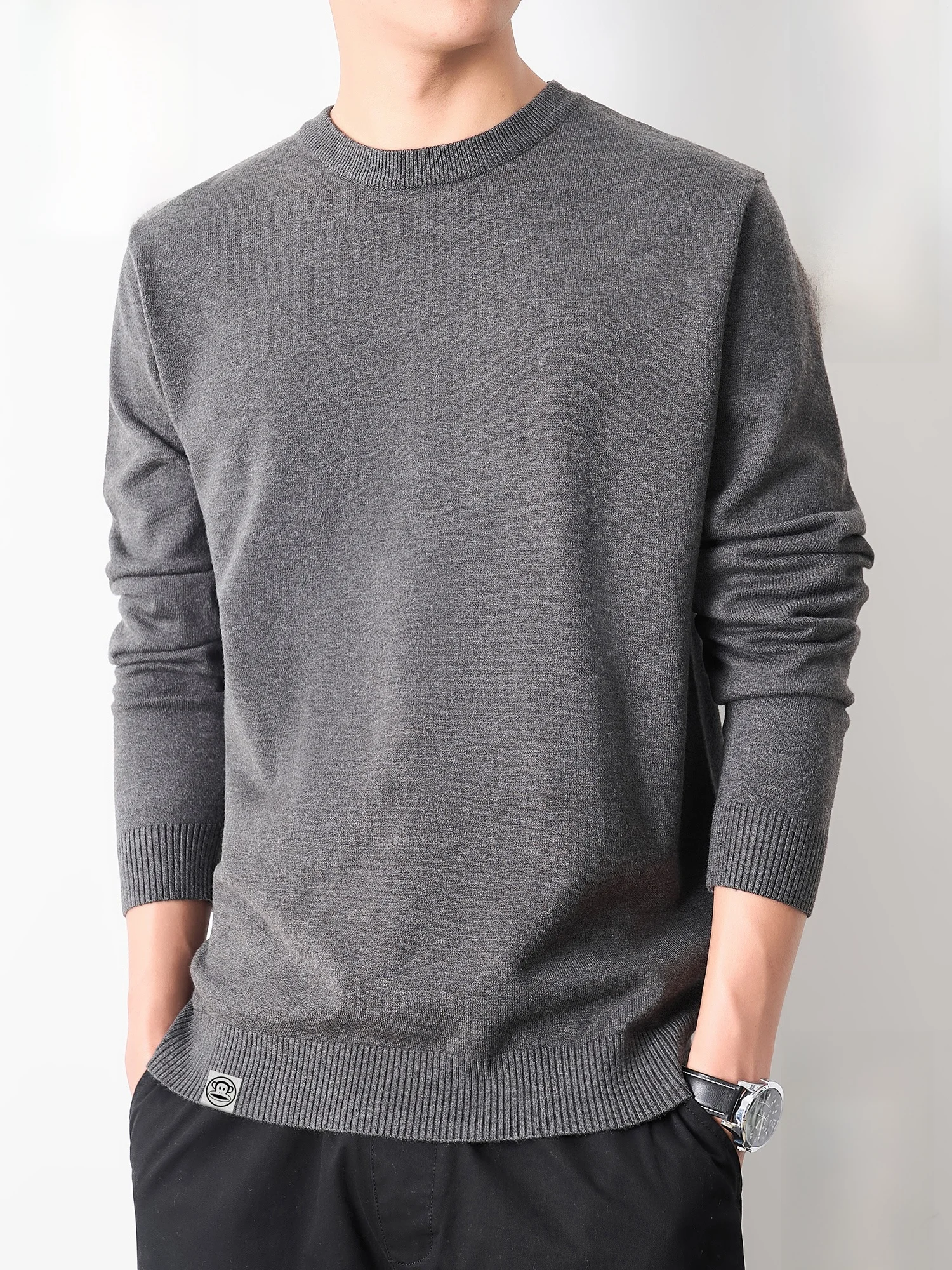 

Мужской вязаный свитер Paul Frank с круглым вырезом и флисовой подкладкой, зимний, теплый, однотонный, универсальный, с принтом обезьяны Big Mouth Monkey, повседневный, модный, уличный стиль