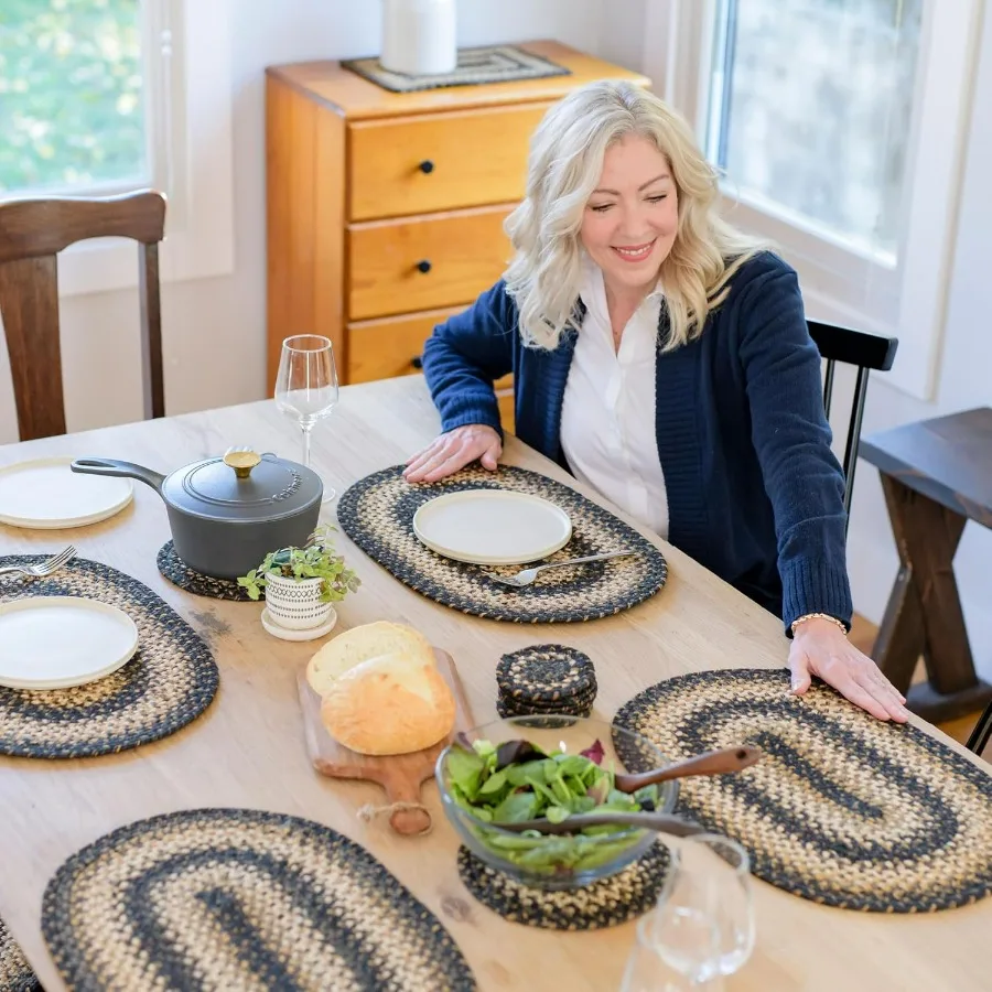 

Kilimanjaro Jute Braided Oval Placemats Warm Primitive Decor Set of 6 13x19 Black and Tan Table Mats Vibrant Colors Durable Eas